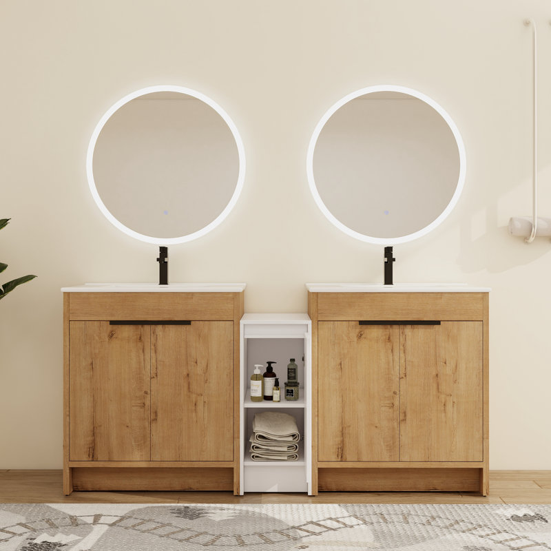 Meuble-lavabo double 72 po avec lavabo en céramique et armoire de rangement blanche Beid, 72"