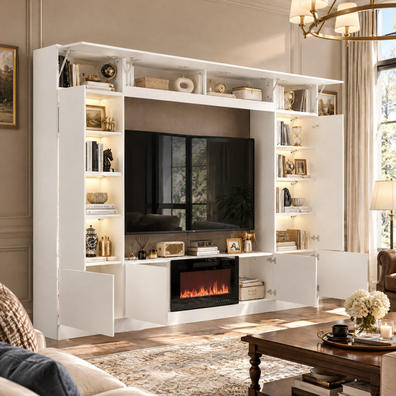 Meuble audio-vidéo de 114 po de large avec foyer électrique, grand meuble télé pour téléviseur de 75 po ou moins avec armoires de rangement et éclairage DEL