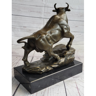 Upward Facing Bull Bronze Metal Statue Sculpture Figure Marble Base Signed Original 10" x 11"