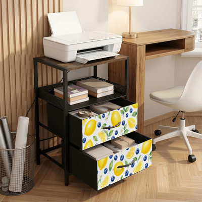 Table de chevet 2 tiroirs avec station de charge, table de chevet pour chambre à coucher avec ports USB, tablette ouverte noire, table de chevet avec impression d'aquarelle transparente citron