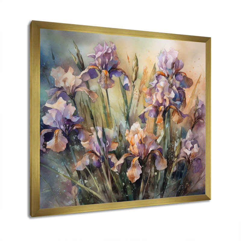 Art mural mauve vert sauvage Iri S II - Iris, H 16 po x l 16 po x P 1 po, Cadre flottant doré