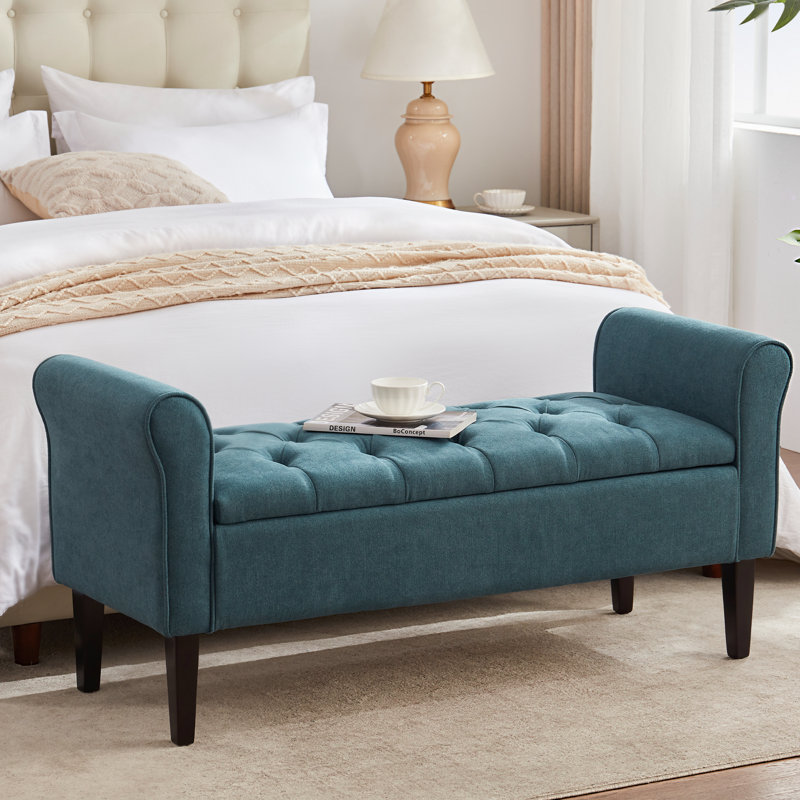 Banc de rangement en polyester touffeté, H 23,6 po x l 50,4 po x P 18,9 po, Bleu sarcelle foncé