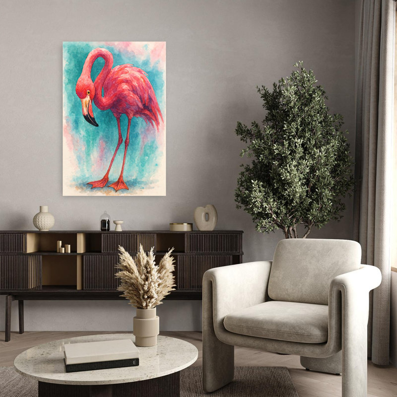 Art flamant rose rose dans des couleurs vives exotiques, H 36 po x l 24 po