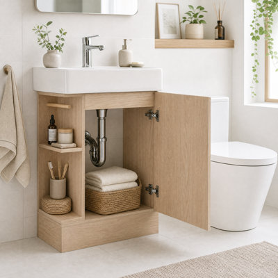 Meuble-lavabo 18,6 po avec lavabo, armoire 1 porte, porte-papier réglable, tablette à 2 niveaux, orientation gauche ou droite, bois naturel