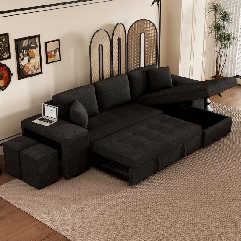 Canapé modulaire réversible en L de 104,5 po à 3 places, canapé-lit escamotable avec méridienne de rangement et 2 tabourets