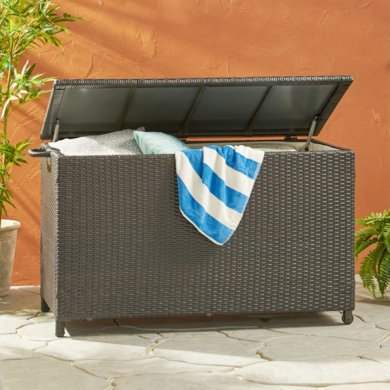 Stylish Wicker Cushion Storage Cabinet For Outdoor Use, Ideal For Patio And Yard Organization.