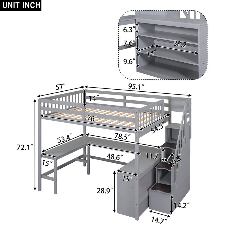 Lit mezzanine double avec bureau intégré en forme de L, tablettes de rangement à trois niveaux et escalier de rangement attaché