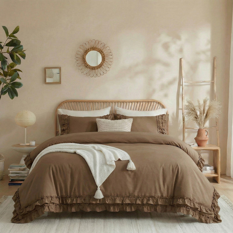 Housse de couette 100% coton, Housse de couette très grand et 2 taies d'oreille, Marron foncé