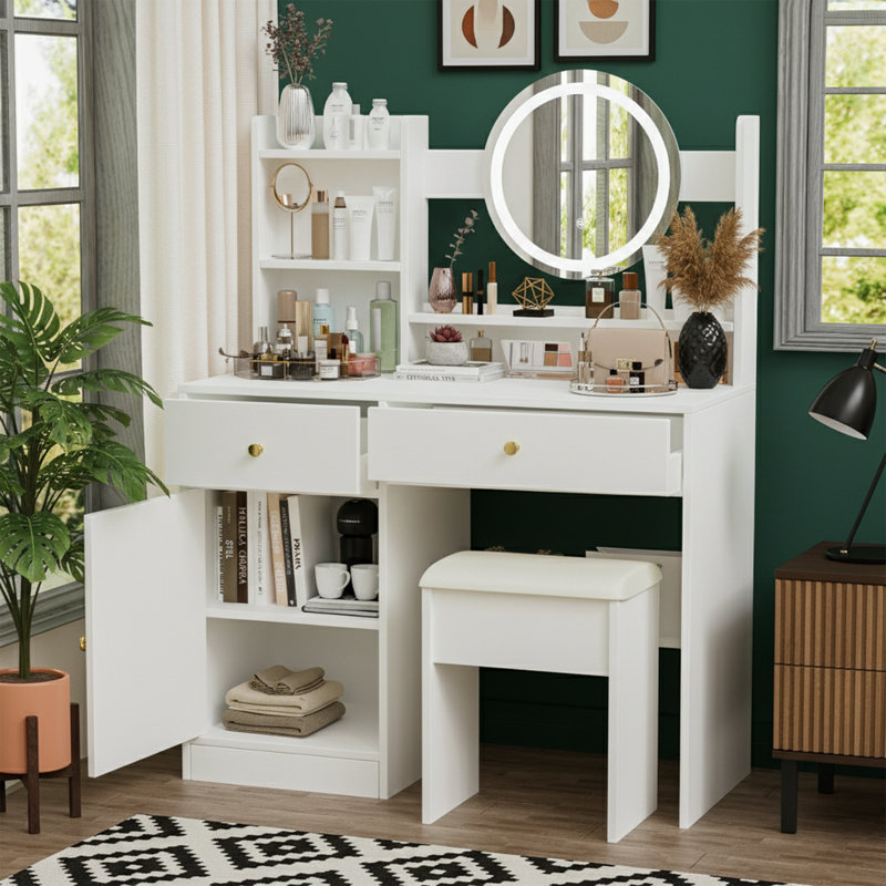 Ensemble de meuble-lavabo l 35,43 po - Finition blanche - Éclairage à DEL (3 couleurs) et tabouret rembourré