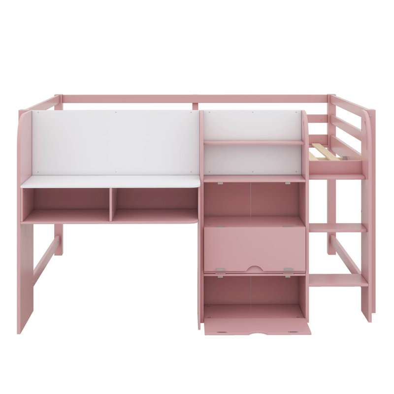 Lit mezzanine pleine grandeur peu encombrant avec bureau intégré, espaces de rangement, étagères à livres ouvertes, Rose