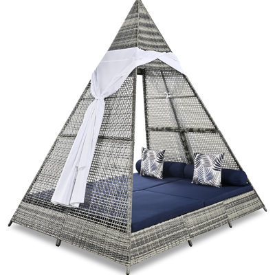 Daybed With Comfy Pillow - Outdoor Sunbed, Gray And Blue, Appearance, Adjustable Feet, 700 Lbs Load Blue Cushions, Tent Shape, Weight Bearing Capacity