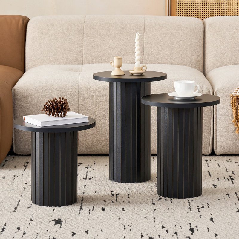 3-Piece Modern Round Nesting Table Set, Groove Line Cylinder Bases with Wood-Grain Veneer, Black