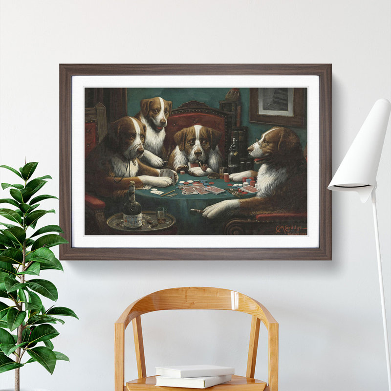 Dogs Playing Poker by Cassius Marcellus Coolidge - Picture Frame Painting, Walnut Framed, 27cm H x 36cm W x 2cm D