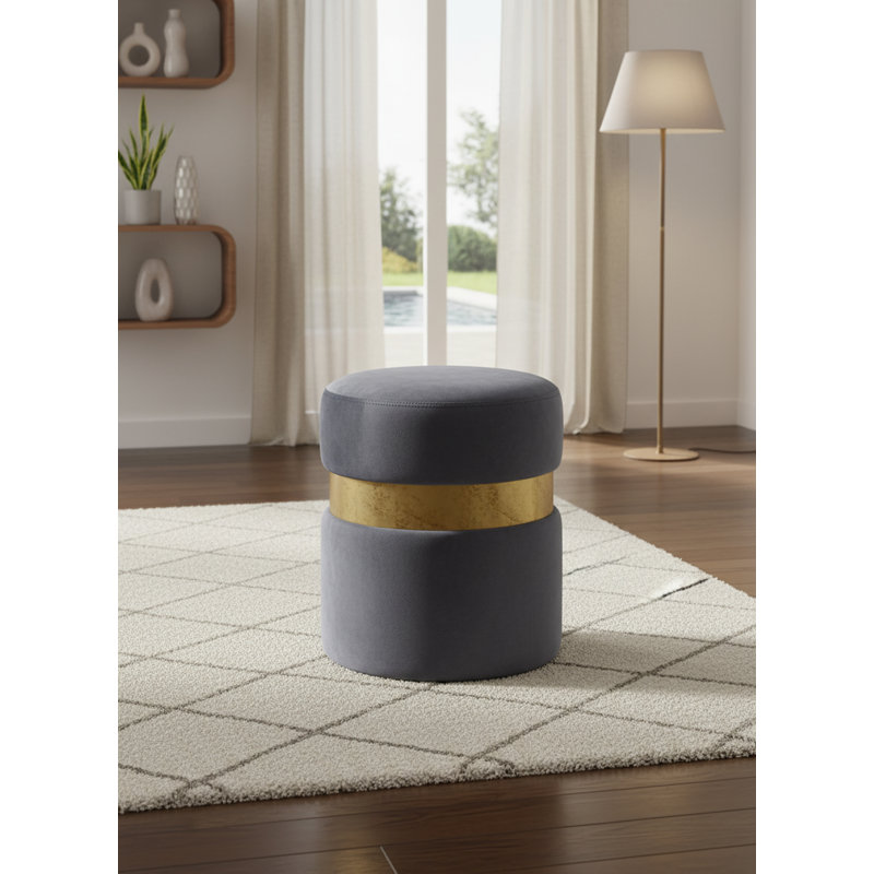 Hailey 14.5" Wide Velvet Round Cocktail Ottoman, Gold, Grey Velvet
