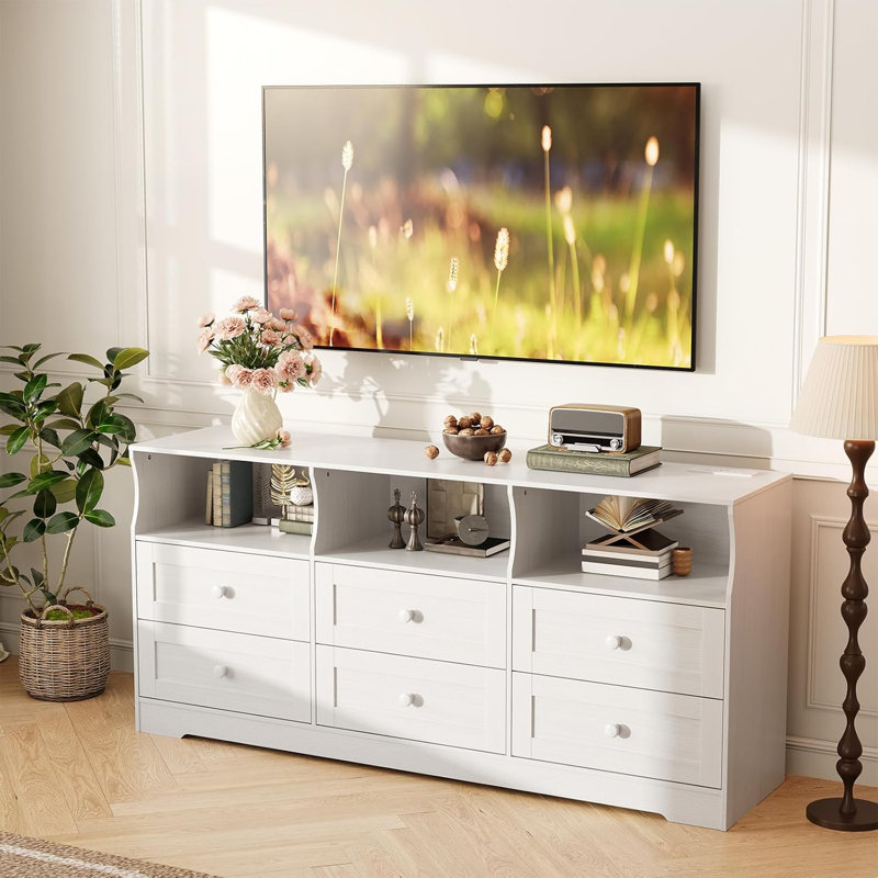 Commode 6 tiroirs avec prises de courant et lumière DEL, commode en bois mince avec tablette ouverte, Blanc