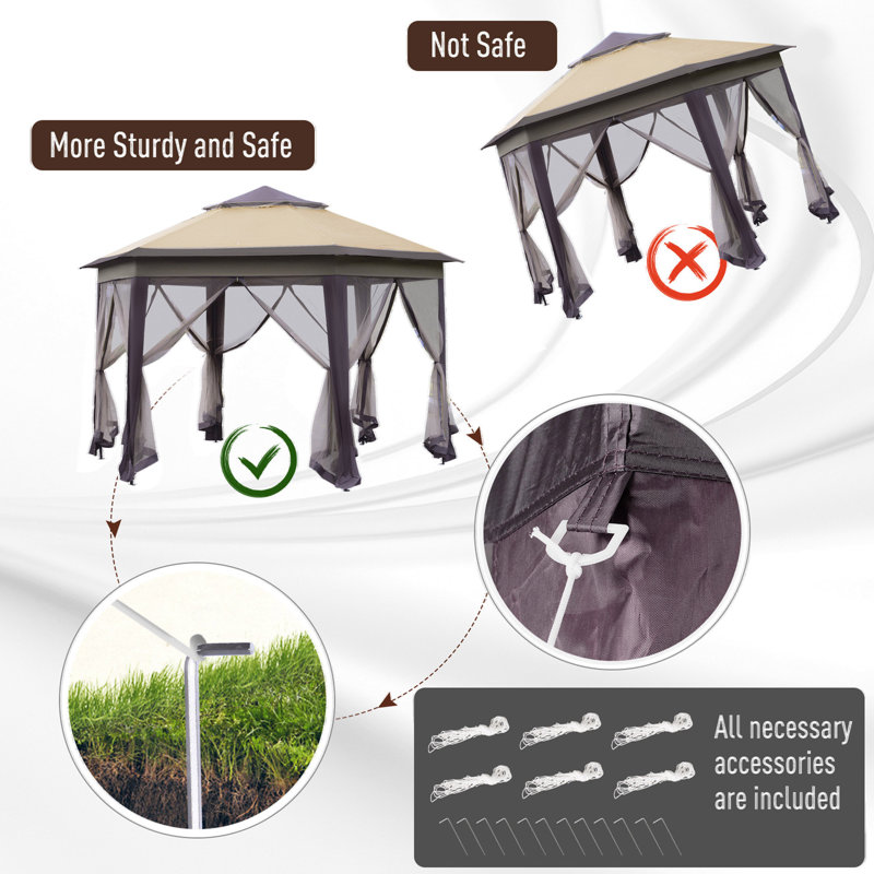 Pop Up Gazebo, Hexagonal Canopy Shelter With 6 Zippered Mesh Netting
