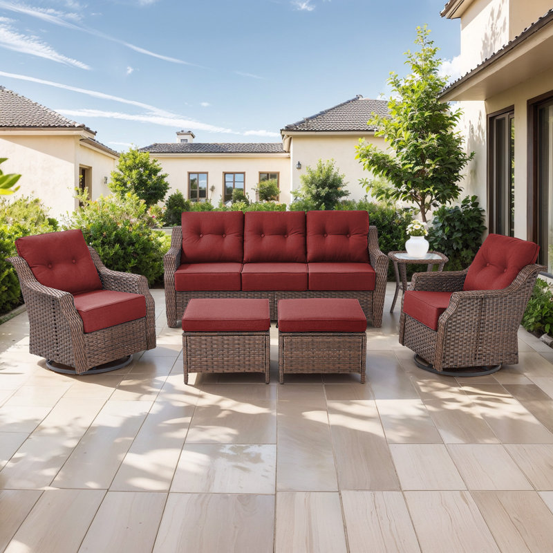 Sami 6-Piece Wicker Patio Furniture Set, 6-Inch Ultra Thick Cushioned 360° Swivel Glider Chairs & Multifunctional Ottomans
