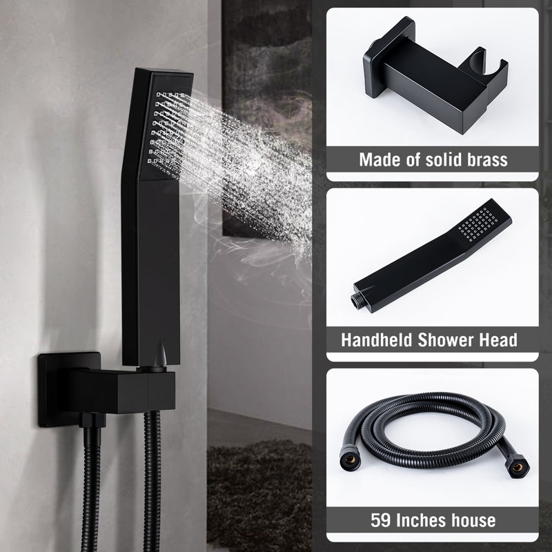 Wall Mounted Shower Head System 10 Inch Stainless Steel Square Rainfall Shower Combo with Valve, Matte Black