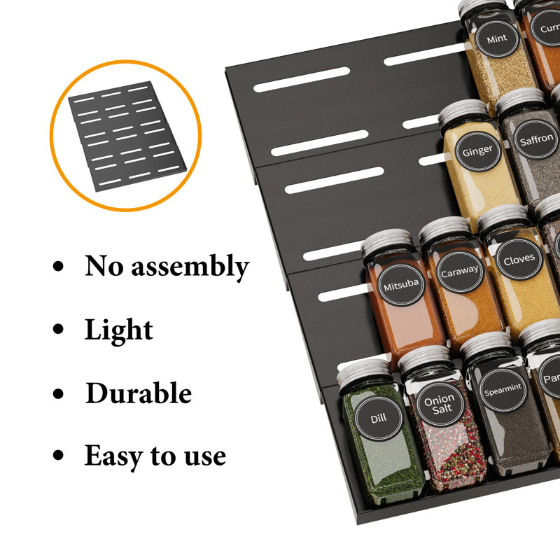 Black 4-Tier Wooden Spice Drawer Organizer with Glass Jars