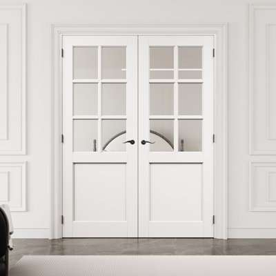 60" x 80" 6-Lite Clear Glass Interior French Door with Black Hardware & Latch & Door Lever, Tempered Glass Door Slab with Safety, Paintable & Waterproof, Suit for Laundry, Closet Doors, Room Doors, Assembly Required