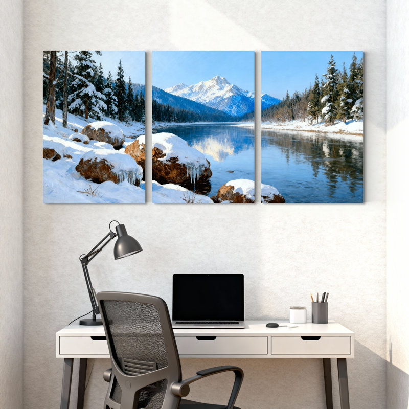 «Winter forest Snowy Mountains Reflect In Calm Lake Water», ensemble de 3 impressions sur toile, H 24 po x l 48 po
