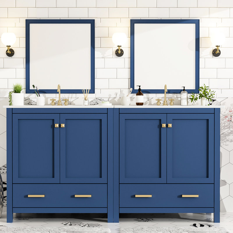 Armoire de salle de bain bleue 60 po avec lavabos doubles et style moderne - Transformez votre meuble-lavabo avec des tiroirs spacieux