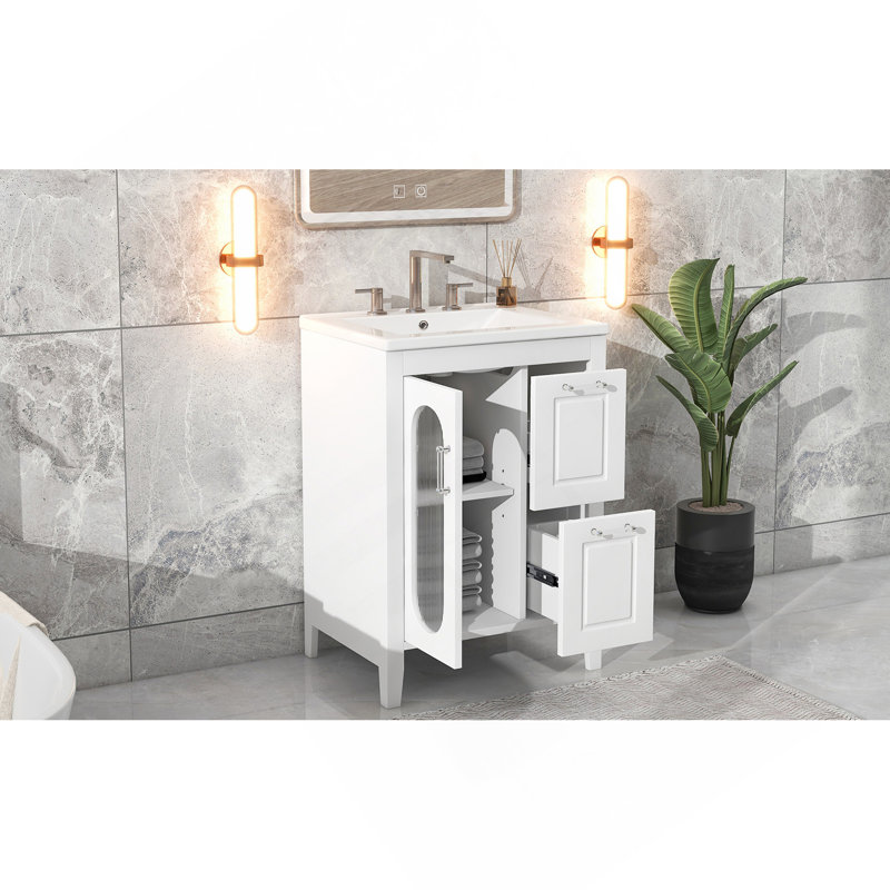 Meuble-lavabo 24 po avec lavabo, meuble-lavabo avec deux tiroirs et porte, tablette réglable, bois massif et panneau de fibres à densité moyenne, blanc