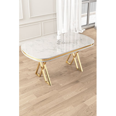 Table de salle à manger moderne avec plateau en marbre blanc et pieds en métal doré, 66,1 po x 29,9 po x 35,4 po | Panneau 100% laqué durable | Design élégant et glamour pour les espaces de salle à manger contemporains, élégants et fonctionnels