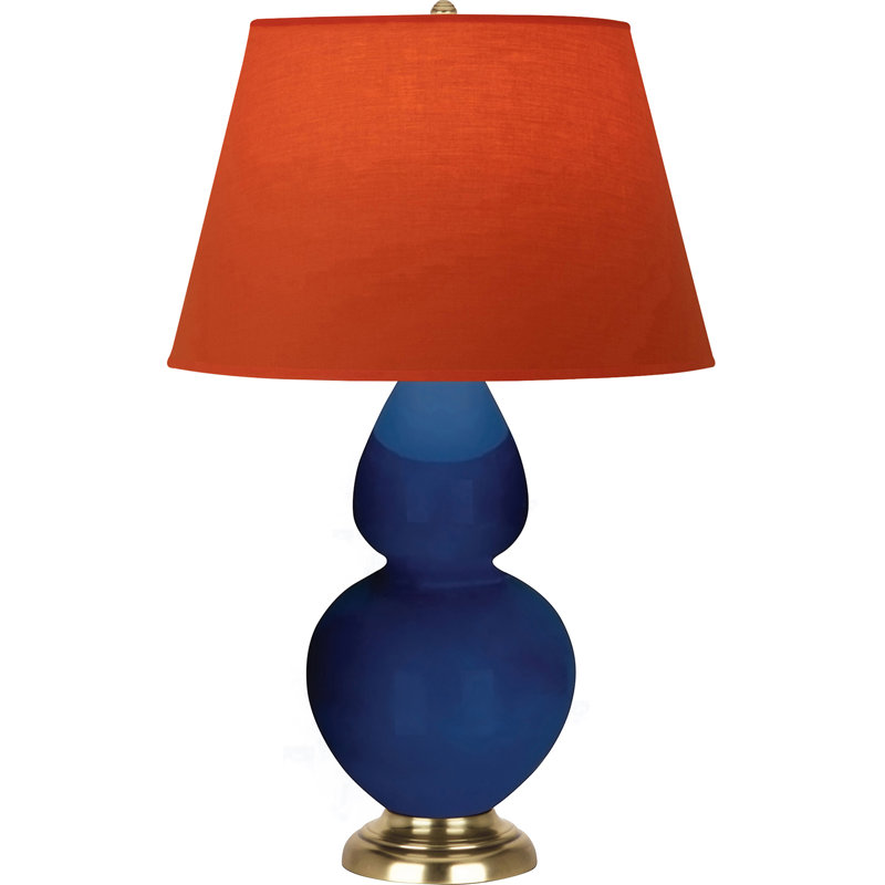 Lampe de table double gourde en céramique, Cobalt verni / laiton, Tangerine / doublure taupe, Laiton