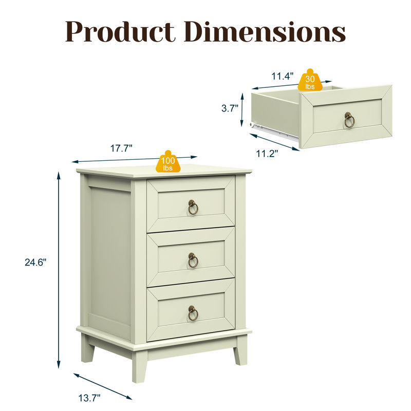 Modern 3-Drawer Wooden Nightstand, Light Green