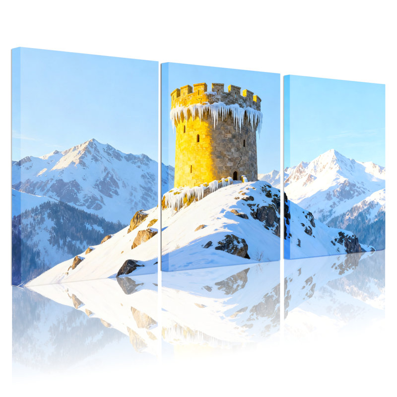 Ensemble de 3 impressions sur toile Mid-Century Snowy Mountain Castle Reflection Sky, H 24 po x l 48 po