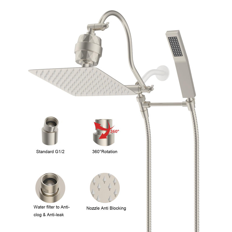 Premium 10-Inch All-Metal Filter Shower Head Combo With High-Pressure Handheld Shower, 12" Adjustable Extension Arm, 20-Stage Shower Filter & 71" Hose