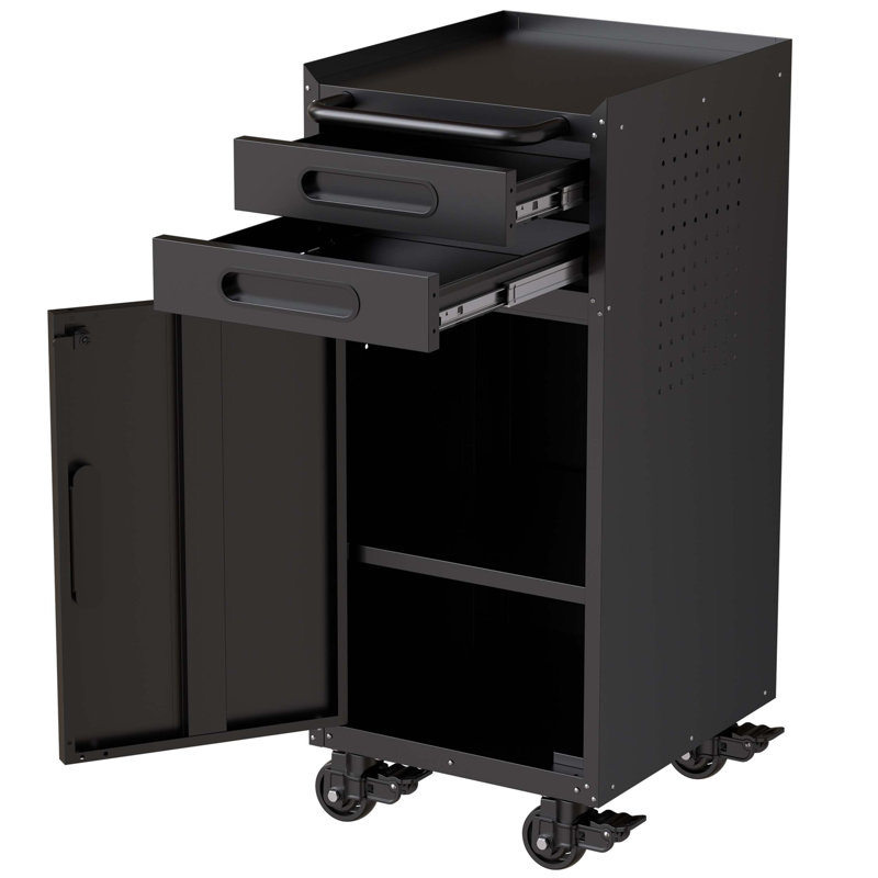Narrow Rolling Tool Cabinet - Space-Saving Garage Storage with Lockable Door, 2 Drawers and Large Handle