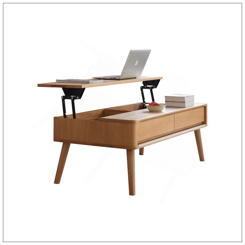 Table basse surélevée Table basse 100% bois de chêne massif Plateau en bois massif de couleur naturelle avec tablette de rangement