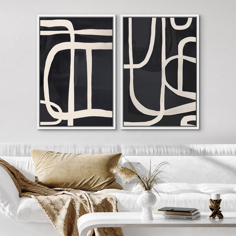 «Mid-Century Spiral Wave», 2 pièces sur toile, Cadre blanc, H 16 po x l 24 po