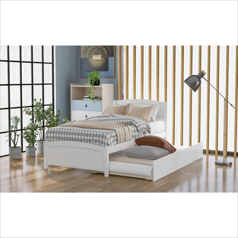White finish solid wood twin size platform sleeper bed with roll-out under-bed trundle, no box spring required for guest stays