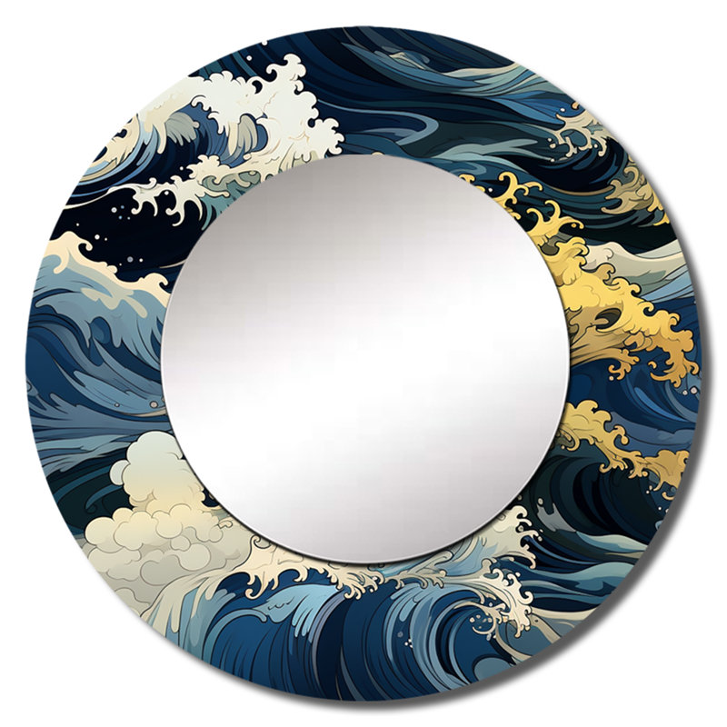Motif de vagues japonaises Hokusai - miroir mural unique côtier, miroir rond côtier, impression d'art en métal, 36 po x 36 po