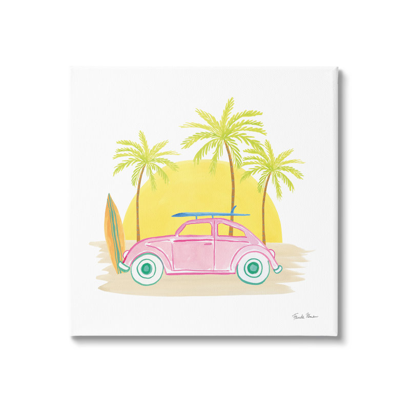 «Tropical Summer Travel», planche de surf, palmiers, soleil par Farida Zaman - Peinture, H 30 po x l 30 po x P 1,5 po