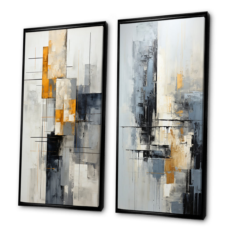 Ensemble de 2 impressions sur toile abstraites grises et blanches I - Collages abstraits, Cadre noir, H 28 po x l 25 po