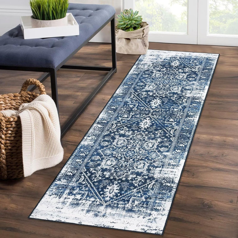 2x6 Washable Vintage Runner – Non-Slip, Foldable, Thin Distressed Rug for Hallway, Kitchen, Bathroom (Blue), Runner 2' x 6'