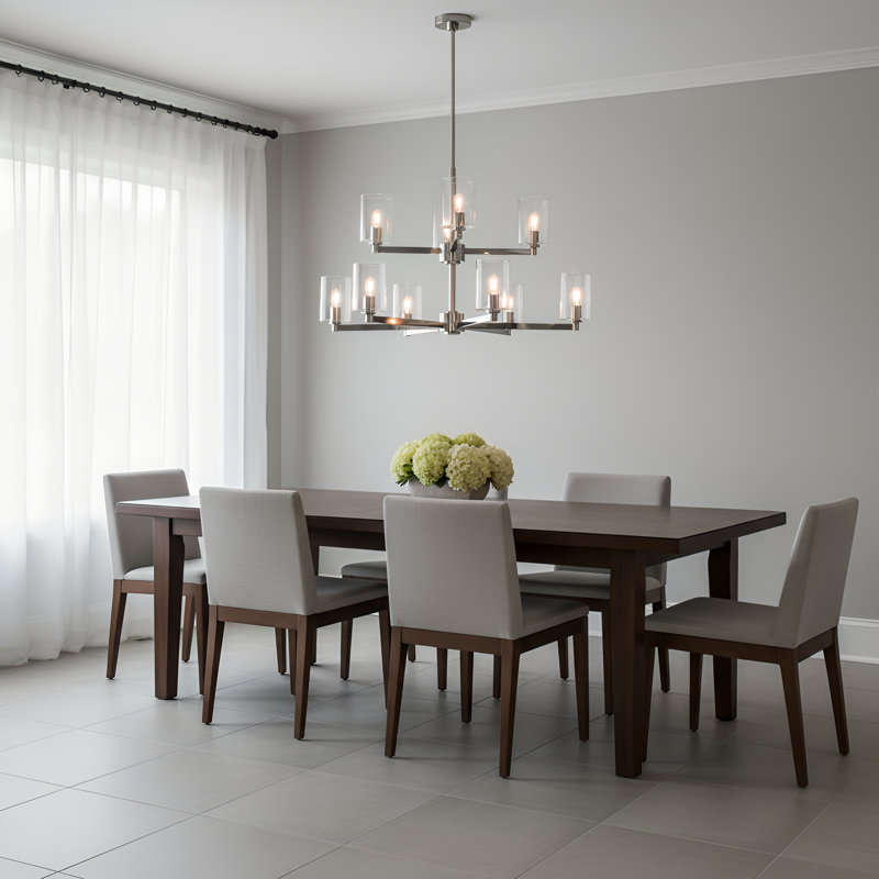 Fullton 9 Light Dining Room Chandelier With Clear Shade, Brushed Nickel