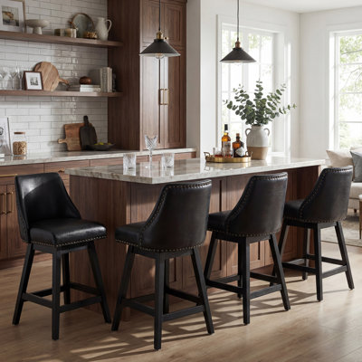 Set of 4 Swivel Bar Stools, Modern 26" Counter Height Upholstered Pub Chairs with Solid Wood Legs & Nailhead Trim for Kitchen Island