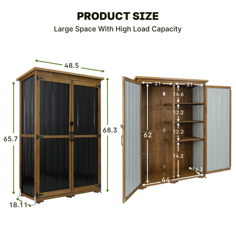 Outdoor Storage Cabinet Wood & Metal with Waterproof Roof, Garden Tool Shed with 4 adjustable reinforced feet with metal brackets, 3 Removable Shelves, 6 T-Hinge, Magnetic door