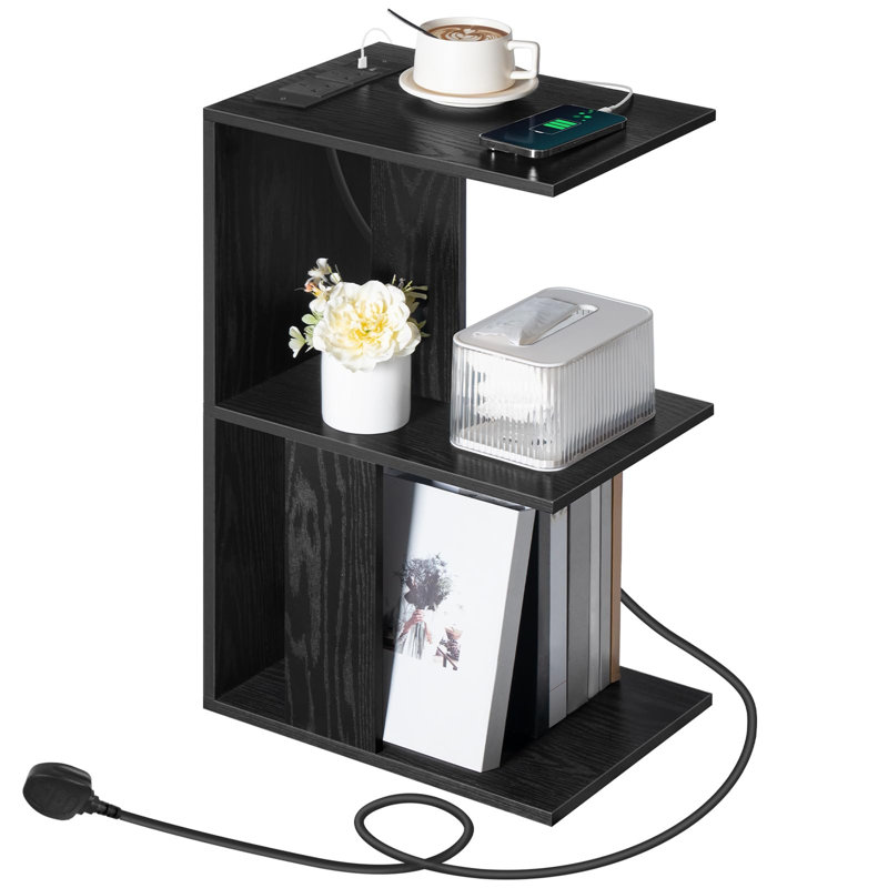 Side Table With Charging Station, Narrow Side Table With USB Ports And Sockets For Small Spaces, Bedside Table With Lamp, Narrow Table For Living Room