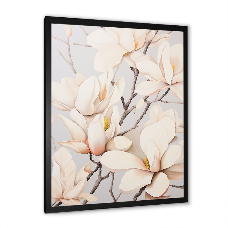 Beige de Magnolias «Dreamy» sur toile, Cadre simple noir, H 32 po x l 16 po x P 1 po