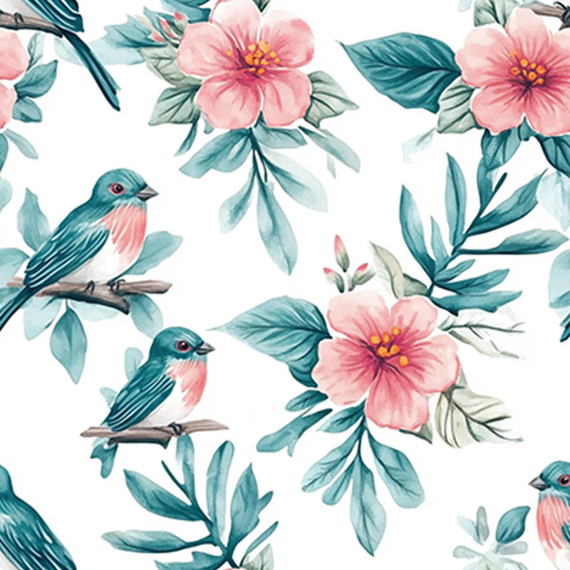 Seagreen and Pink Floral Bird 4x4 Vinyl Tile Stickers