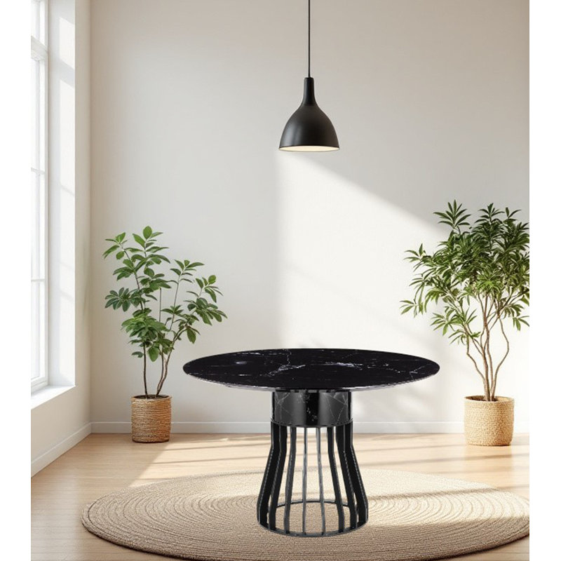 Round Faux Marble Top Metal Base Dining Table, Black