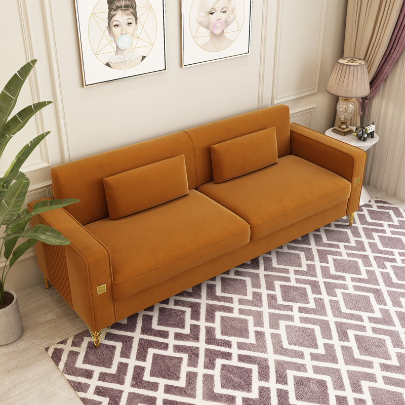 Deondry 85.63" Velvet Square Arm Sofa, Orange Velvet
