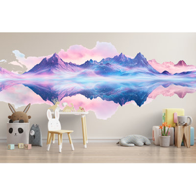 Pastel Mountain Wall Mural, Dreamy Landscape Wallpaper, Fantasy Mountain Wall Art, Pink Blue Nursery Wall Decor, Modern Wall Mural 478Mv