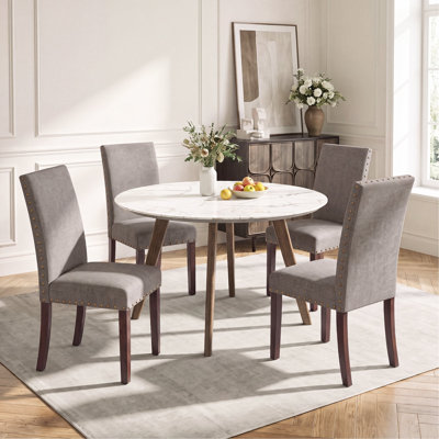 Bontrager Upholstered Nailed Trim Linen Parsons Dining Chairs with Solid Wood Legs
